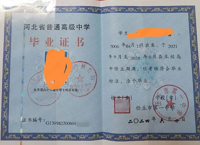 六盘水任丘市第一中学高中毕业证样本图片